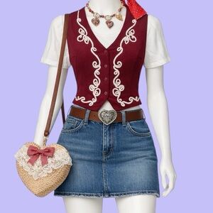 1980s Vintage Burgundy Western Vest Top with Beige Embroidery